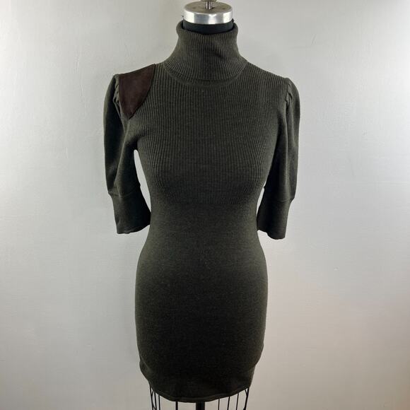 RUGBY Ralph Lauren Green Sweater Dress Suede Merino Wool Turtle Neck Sz Small S - Picture 2 of 9